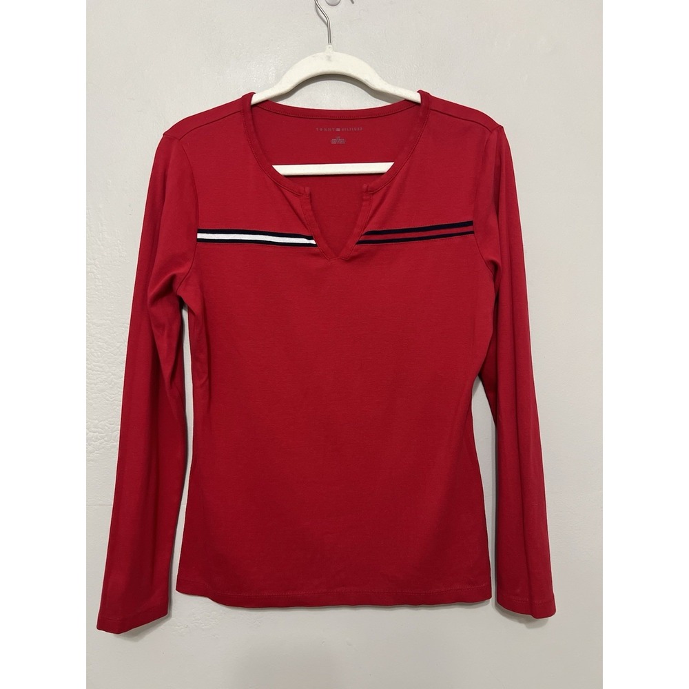 Tommy Hilfiger Workwear Casual Y2K Red 3/4 Sleeve Top Sz L Logo